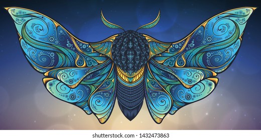 Abstract mystical Moth in psychedelic design. High-detailed vector illustration for tattoo, printing t-shirt and posters etc.