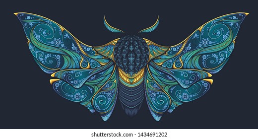 Abstract mystical Moth in psychedelic design. High-detailed vector illustration for tattoo, printing t-shirt and posters etc.