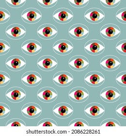 Resumen de patrón místico con ojos y una concha multicolor. Ornamento en un fondo azul claro. Ilustración vectorial. Para textiles, impresiones, embalajes, recortes, cubiertas y folletos.