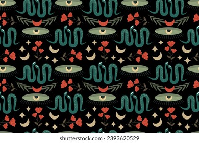 Abstract mystical pattern on a dark background Eye snakes red flowers moon and stars Seamless vector pattern