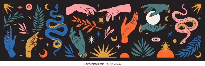 Abstract mystical set of vector hand drawn illustrations, stickers. Hands, snakes, moon, sun, magic ball, branch, leaves, cosmic and floral elements in trendy bohemian celestial style. Vintage colors.