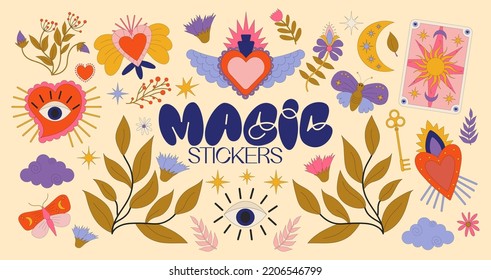 Abstract mystical set of vector hand drawn illustrations, stickers. heart, poison, moon, sun, tarot card, butterfly, leaves. Floral elements in trendy bohemian magical style. Witchcraft occult element