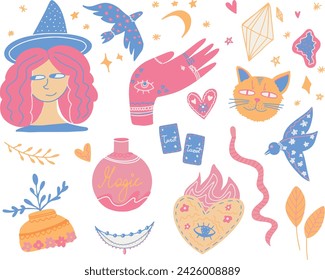 Conjunto místico abstracto de ilustraciones dibujadas a mano del vector, pegatinas.