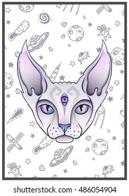 Abstract mystical sphinx cat. Space background.