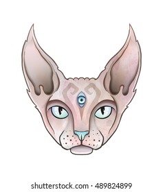 Abstract mystical sphinx cat. Space background.