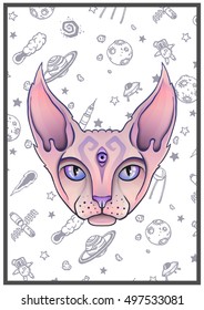 Abstract mystical sphinx cat. Space background.