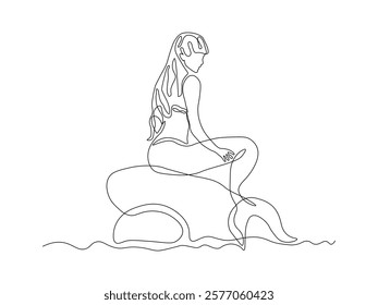 Abstract mythical mermaid, continuous single one line art hand drawing sketch logo