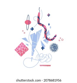 Abstract mythical mysterious composition of snake, broken glass, planet, different shapes. Modern art. Blue and red colors. Handdrawn style. Cover, card, print on clothes, poster. Vector illustration