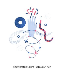 Abstract mythical mysterious composition of snake, hand, different shapes. Modern art. Blue and red colors. Handdrawn style. Cover, card, print on clothes, poster. Vector illustration
