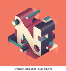 Abstract N letter design made of various isometric objects in color. Vector illustration.
