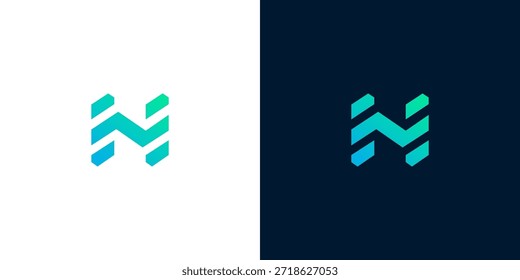 Abstract 'N' letter logo design with gradient colors on white and dark backgrounds
