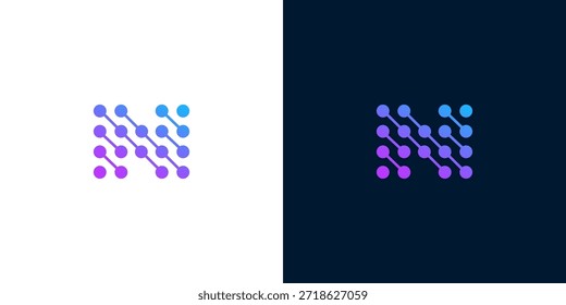 Abstract 'N' letter logo design with gradient colors on white and dark backgrounds