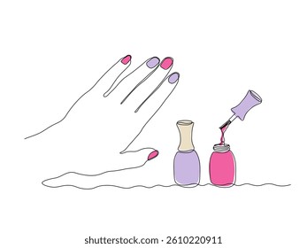 Abstract nail polish, hand with painted nails in a nail salon, continuous single one line art hand drawing sketch logo