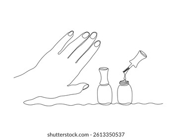 Abstract nail polish, hand with painted nails in a nail salon, continuous single one line art hand drawing sketch logo