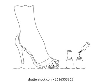 Abstract nail polish,pedicure, foot with painted nails in a nail salon, continuous single one line art hand drawing sketch logo