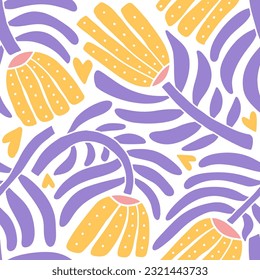 Abstract naive daisy flowers seamless pattern. Endless background in 70s groovy trippy funky style. Organic shapes aesthetic wall art. Curvy psychedelic summer floral decoration. Vector illustration.