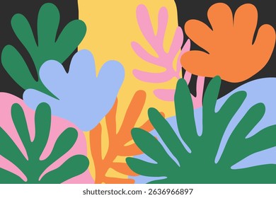Abstract naive design with hand drawn tropical palm leaf and doodle shapes. Minimal colorful background, bright trendy colors.