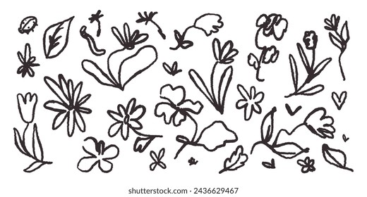 Abstract naive doodle flower. Modern sketch vector illustration. Hand-drawn floral botanical icon set. Wild flowers and plants in wax charcoal crayon drawing style. Pencil  branches and leaves clipart