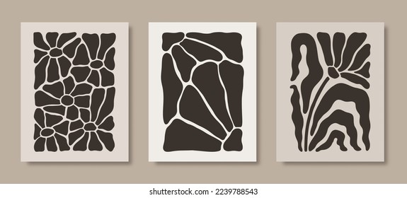 Abstract Naive Floral Groovy Posters Set. Modern Botanical Prints in Contemporary Minimalist Style. Trendy Boho Vector Illustrations in Beige and Black Colors on Case Phone, Flyer, Cards, T-Shirts