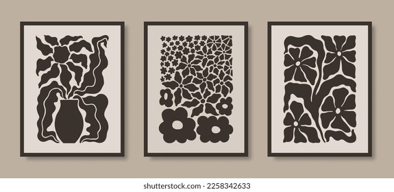 Abstract Naive Floral Groovy Posters Set. Modern Botanical Prints in Contemporary Minimal Style. Trendy Boho Vector Illustrations in Beige and Black Colors on Case Phone, Flyer, Cards, T-Shirts