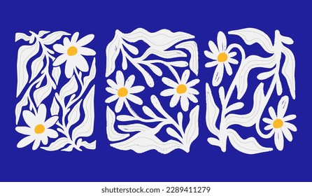 Abstract Naive Floral Handdrawn Botanical Posters Set. Modern Botanical Prints with Flowers in Contemporary Minimal Style. Design for fabric, print, cover, banner, decoration, wallpaper.