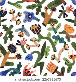 Abstract naive floral pattern. Seamless background design, modern creative spring flowers, repeating print. Fancy doodle plants texture for textile, fabric, wrapping. Colored flat vector illustration