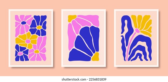 Abstract Naive Floral Posters Set with Daisy Flowers and Leaves . Modern Botanical Prints in Contemporary Minimal Style. Trendy Groovy Vector Illustration in Bright Yellow, Blue, Pink Colors