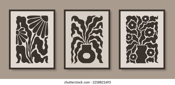 Abstract Naive Floral Posters Set. Modern Botanical Prints with Flowers in Vases in Contemporary Minimal Style. Trendy Boho Vector Illustrations in Beige and Black Colors on Case Phone, Flyer, Cards