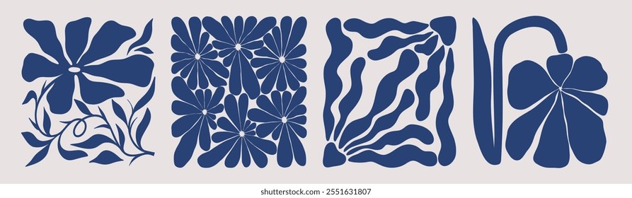 Abstract naive flower set. Simple floral elements with leaves organic shapes, modern decorative blossom design, trendy contemporary art. Vector collection