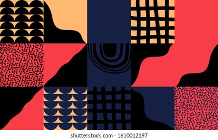 Abstract naive pattern design with simple shapes and doodle elements. Graphic design perfect for kids theme, web solution, presentation, branding package, advertisement ideas, fabric print.