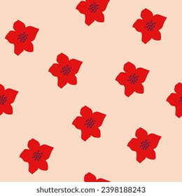 Abstract Naive Red Poppy Flower Seamless Pattern. Fun Organic Floral Creative Print. Vector Illustration. Trendy Bold Daisy Pattern for Wallpaper, Wrapping Paper, Packaging.
