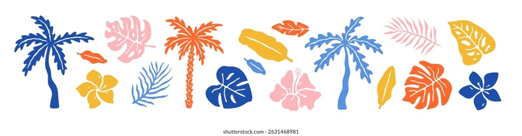 Abstract naive set of tropical leaves and palm trees