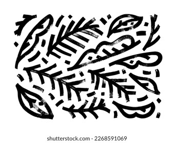 Abstract naive style branches isolated on white background. Brush drawn bold branches and leaves collection. Infantile style art. Botanical vector elements. Hand drawn trendy illustration.