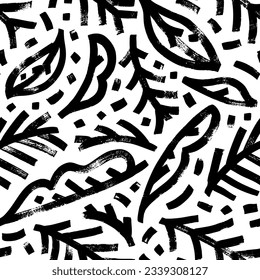 Abstract naive style branches seamless pattern. Brush drawn bold spruce branches and abstract leaves ornament. Infantile style art. Botanical vector pattern. Hand drawn trendy illustration.