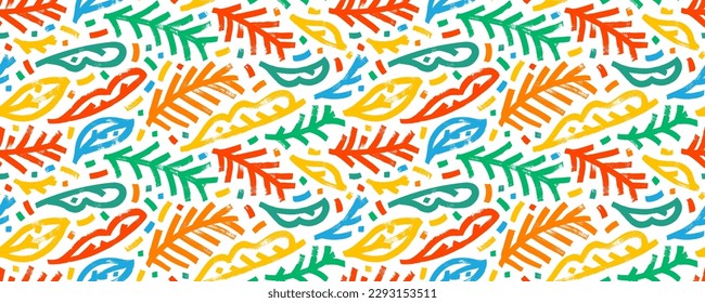 Abstract naive style colorful branches seamless pattern. Banner with brush drawn bold spruce branches and abstract leaves. Infantile style art. Botanical bright color pattern. Trendy illustration.