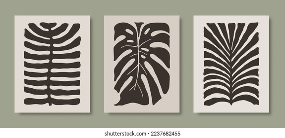 Abstract Naive Tropical Leaves Posters with Monstera, Palms and Ferns. Modern Floral Print in Contemporary Minimal Style. Trendy Boho Vector Illustration in Beige and Black Colors