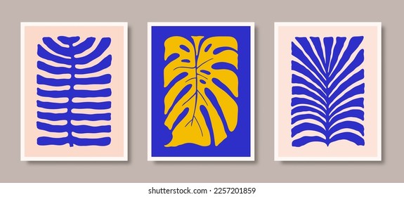 Abstract Naive Tropical Leaves Posters with Monstera, Palms and Ferns. Modern Floral Prints in Contemporary Minimal Style. Trendy Groovy Vector Illustration in Bright Yellow and Blue Colors