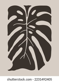Abstract Naive Tropical Monstera Leaf Poster. Modern Floral Print in Contemporary Minimal Style. Trendy Boho Vector Illustration in Beige and Black Colors on T-Shirts, Case Phone, Cover, Flyer, Cards