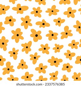 Abstract Naive Yellow Daisy Flower Seamless Pattern on White Background. Fun Organic Floral Creative Print. Vector Illustration. Trendy Bold Daisy Pattern for Wallpaper, Wrapping Paper, Packaging.