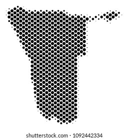 Abstract Namibia map. Vector halftone territorial plan. Cartographic dot abstraction. Schematic Namibia map is shaped of regular circle dot grid.