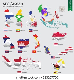 abstract national flag on country map of AEC, ASEAN Economic Community, vector illustration