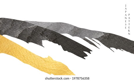 Abstract natural art with brush stroke vector. Mountain forest background with gold and black painting  texture in vintage style. 