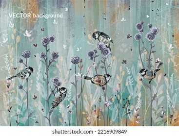 Abstract natural background in acrylic style with wild field flowers and little birds, vintage hand drawn illustration