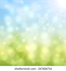 Abstract natural background with bokeh light and sun beams, illustration.