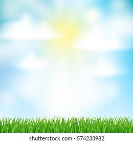 abstract natural background with green grass and sun and white clouds for Your design template. vector