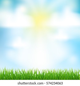 abstract natural background with green grass and sun and clouds for Your design template. vector
