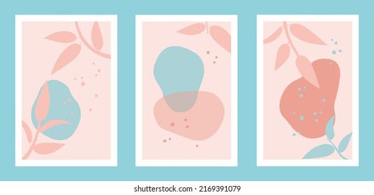 Resumen de fondo natural con hojas dibujadas a mano y formas en tonos pastel rosa y azul. Ilustraciones de arte contemporáneo moderno, carteles, afiches, impresiones, plantillas 