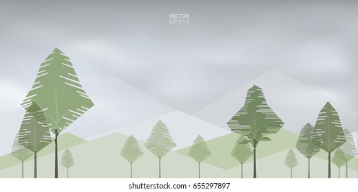 Abstract natural background of trees and mountains. Vector illustration.