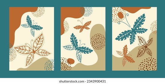 Abstract natural backgrounds with butterflies. Flat style modern vertical illustrations in muted pastel colors, poster for interior design, social media, postcards. Vector illustration