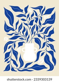 Abstract natural blue background concept. Minimalistic creativity and art. Leaves and branches in mattise style. Greeting postcard design. Cartoon flat vector illustration isolated on white background